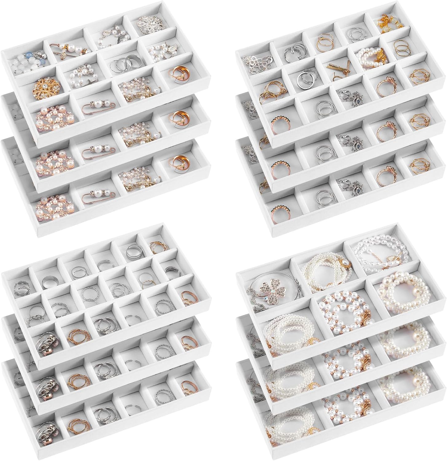 Junkin 12 Pcs Jewelry Tray Velvet Stackable Jewelry Organizer Trays Divided Earring Accessories Storage Containers Box (Rose Red)