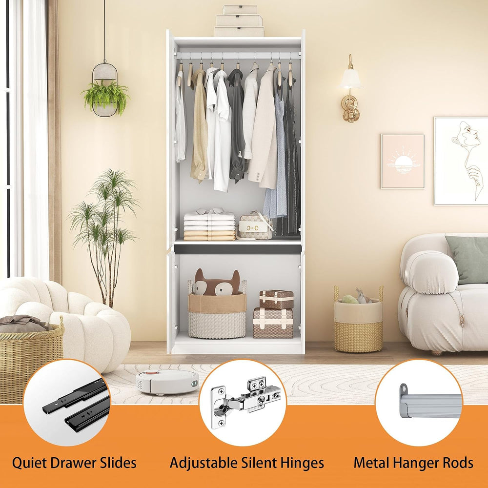 Armoire Wardrobe Closet with Drawers：75" Large White Wardrobe Closet Cab...