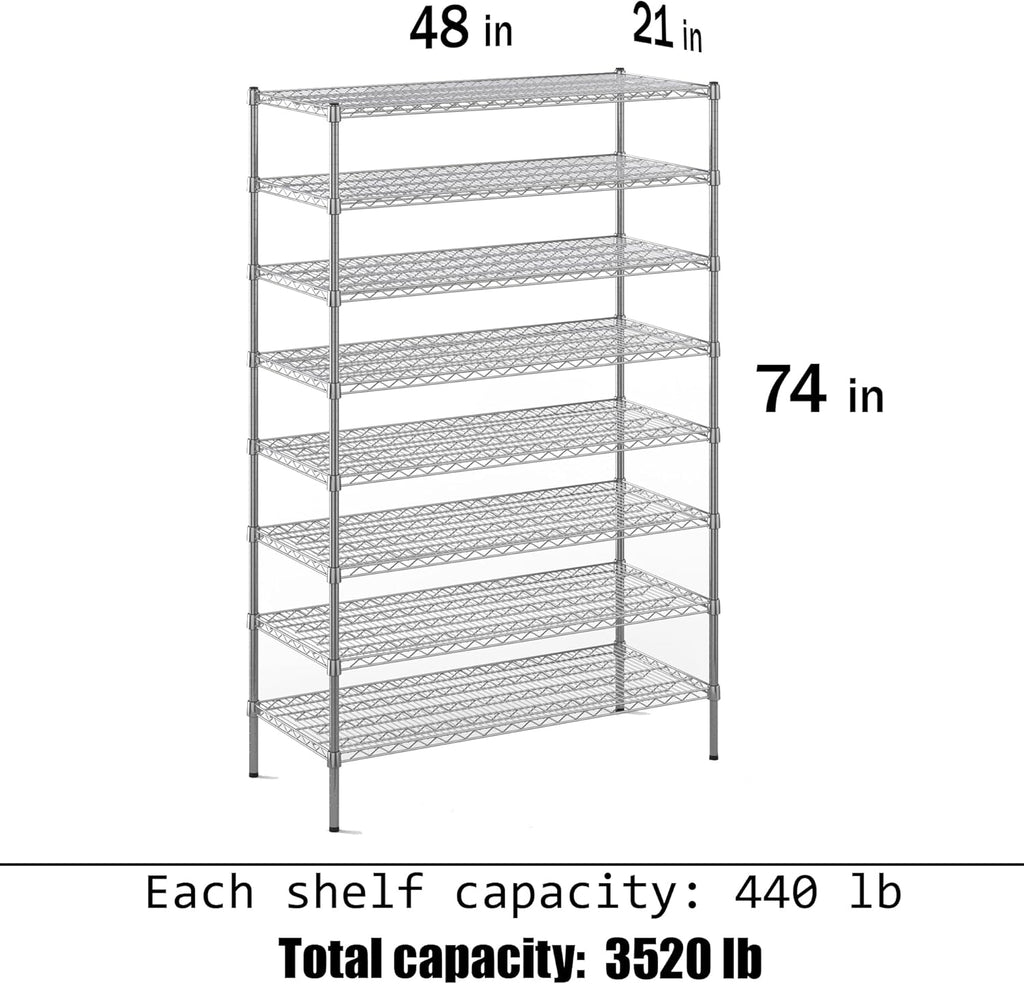 21" Deep x 48" Wide x 74" Height Wire Shelving Kit | 8-Tier | NSF Commercial Storage Rack Unit