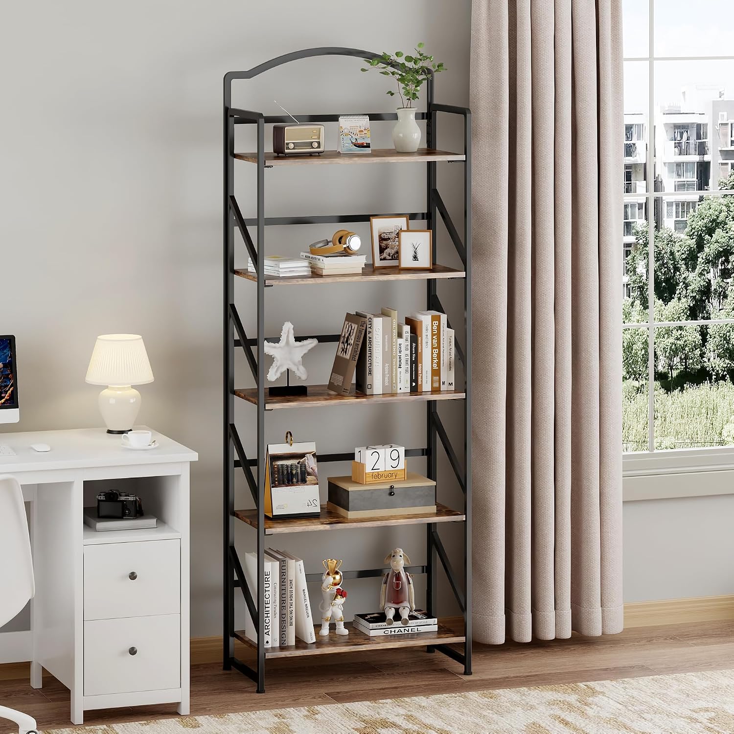 No Assembly Folding Bookshelf for Living Room,Semicircle Collapsible Book Shelf for Home Office, Portable Bookcase Storage Organizer Rack Shelves
