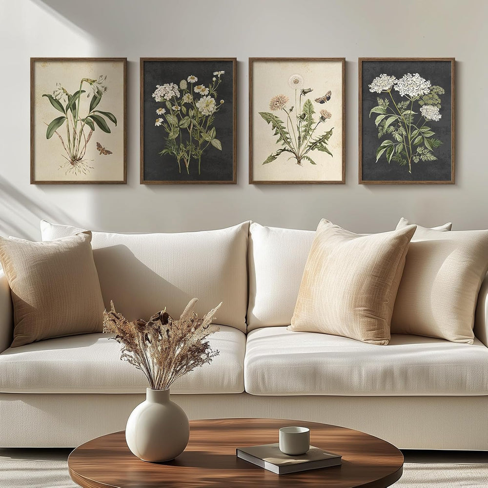 Framed Vintage Botanical Floral Wall Art for Living Room, 4 Piece 12x16 In