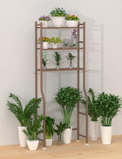 3-Tier Over The Toilet Storage, Freestanding Metal Bathroom Shelves with 4 Hooks, Over Toilet Storage Shelf with Paper Holder, Above The Toilet Shelf for Bathroom Storage, Bronze