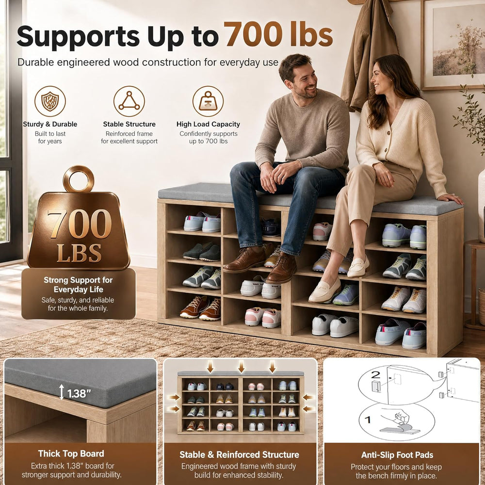 Shoe Storage Bench with Cushion, 16-Cubby Entryway Bench with Adjustable Shel...