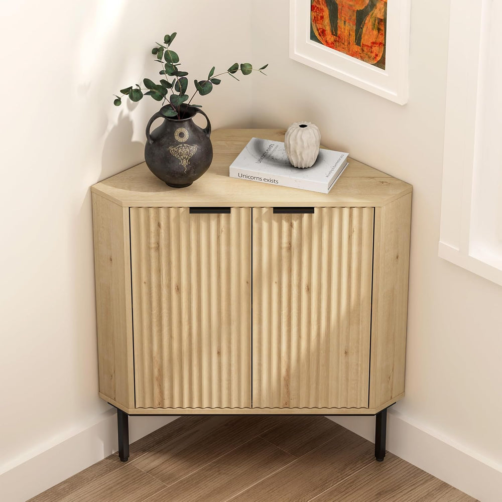 EYYTHUNG Fluted Corner Cabinet, Modern Small Corner Floor Cabinet with 2 Door...