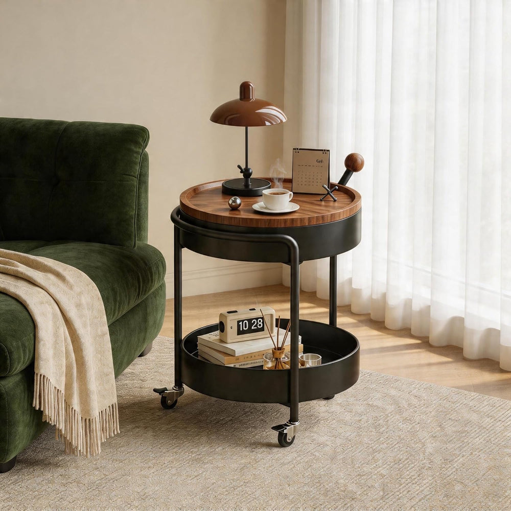 Mid-Century Modern Round Side Table, 2-Tier Mobile Sofa End Table with Rotata...