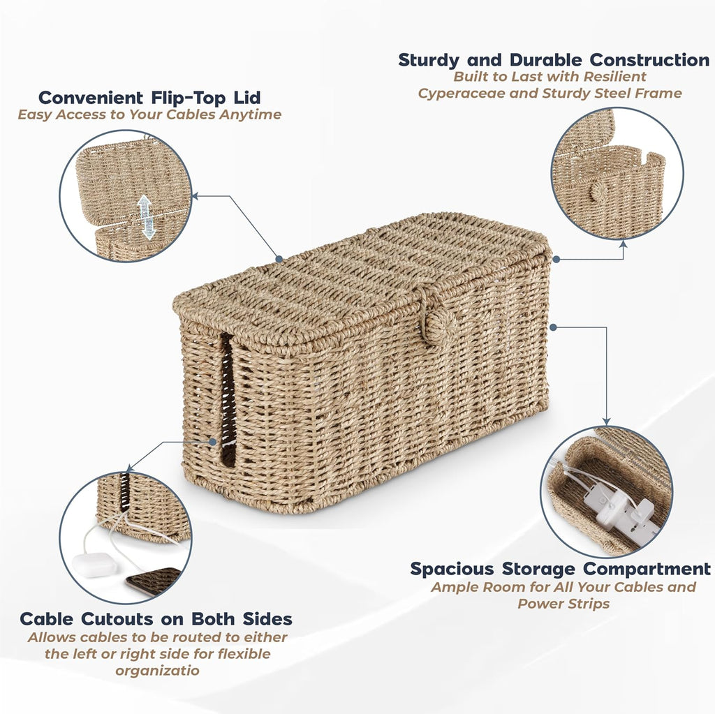 2-Pack Large Cable Management Box, Natural Rattan Cable Cord Organizer Boxes for Power Strip – 2 Open Slots Cords Hider Box for TV Wires, Computer, Router, USB Hub and Under Desk Power Strip