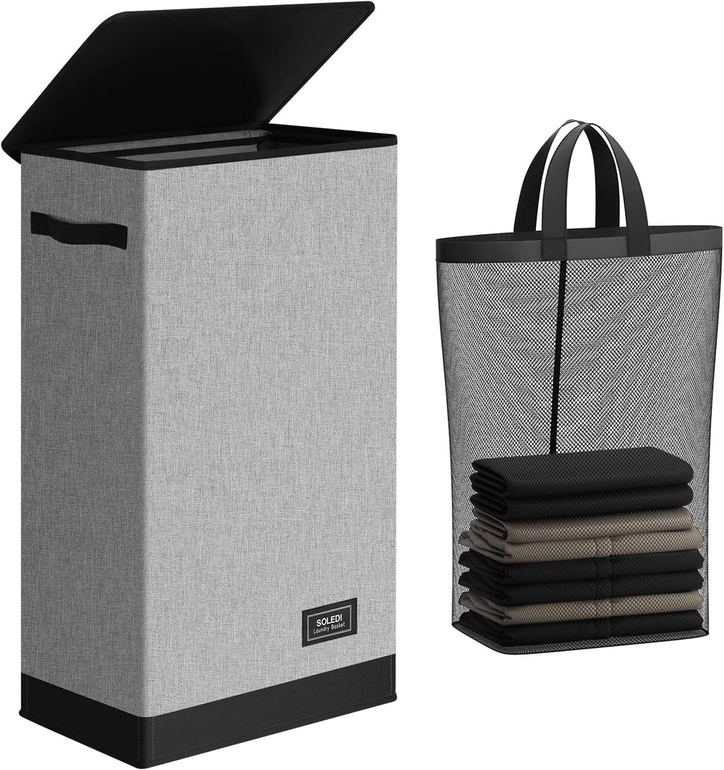 SOLEDI Slim Laundry Hamper with Lid, Narrow Laundry Basket with Removable Bags, Dirty Clothes Hamper with handle, Small Hamper perfect for Laundry room, Bathroom, Bedroom, Small spaces. 70L Grey