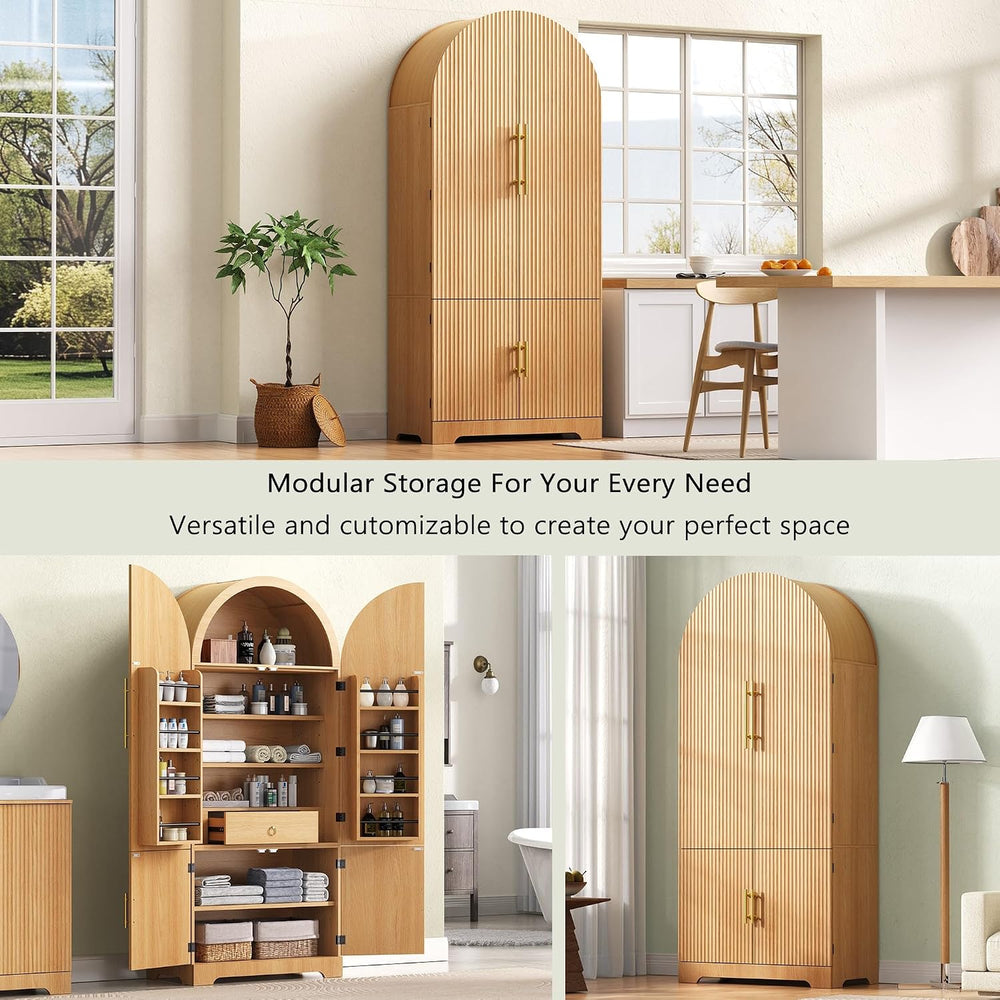 Polibi Arched Fluted Pantry Cabinet, 72" Tall Kitchen Storage with 8 Doo...
