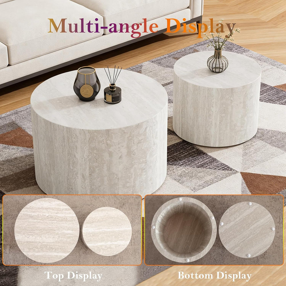 Round Travertine Nesting Coffee Table (A 18.1+14.6in) | Modern Circular Accen...