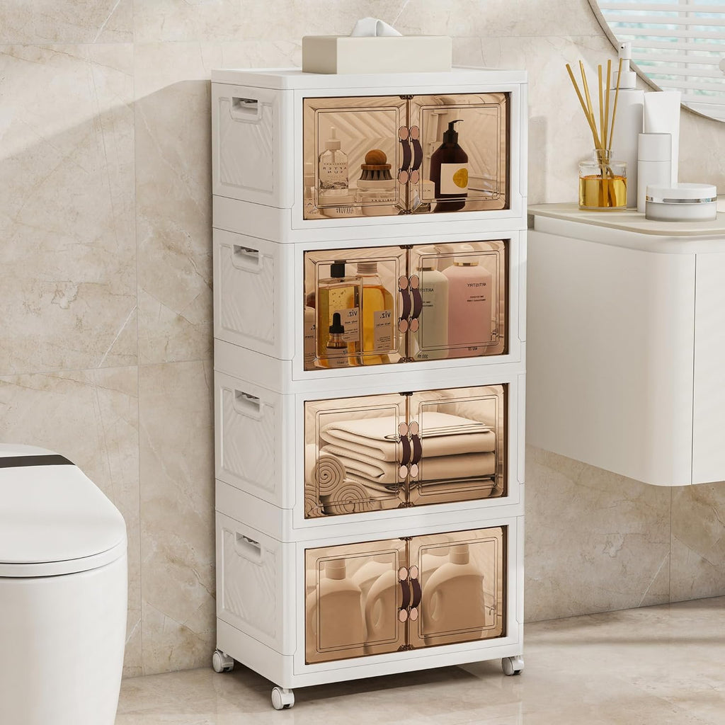 Storage Bins with Lids and Wheels, Collapsible Bathroom Storage Cabinet with Clear Doors, Plastic Stackable Closet Organizers and Storage Containers White 180 QT
