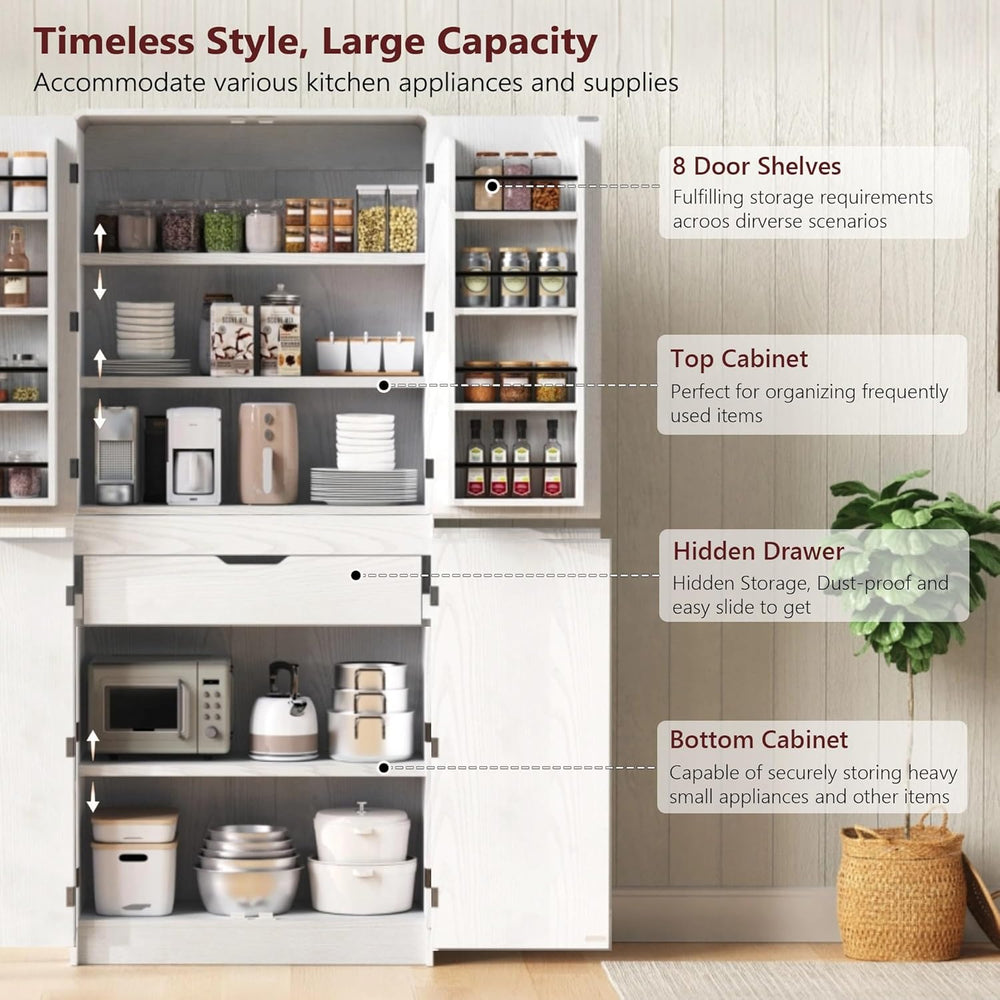 LUMISOL Tall Farmhouse Kitchen Pantry Cabinet with 8 Door Shelves, Curved Des...