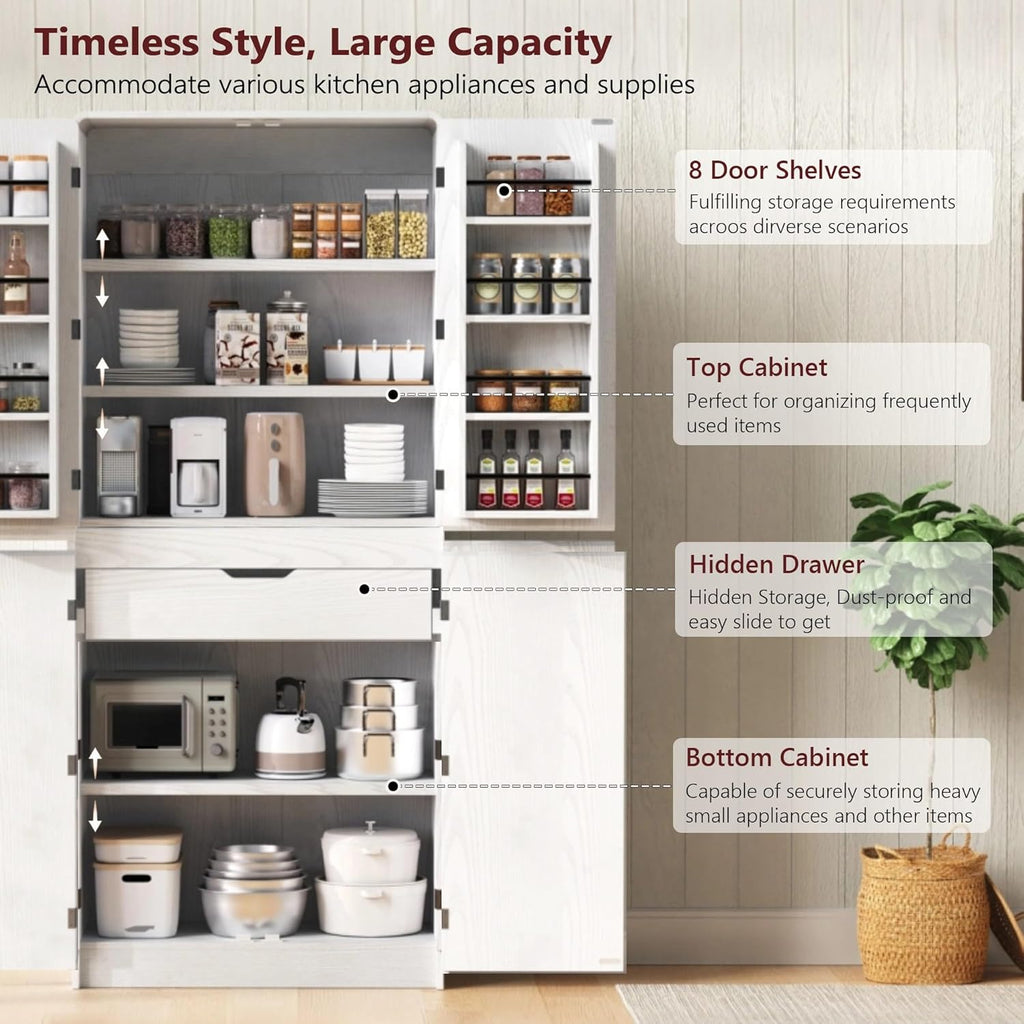 LUMISOL Tall Farmhouse Kitchen Pantry Cabinet with 8 Door Shelves, Curved Design Ached Cabinet with 3 Adjustable Shelves, Versatile Cupboard with Hidden Drawer for Dining Room, 72" H, White
