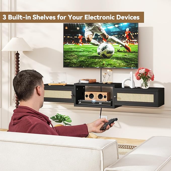 IBUYKE Modern Rattan Floating TV Stand with Doors,Wall Mounted TV Shelf for T...