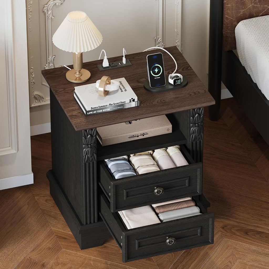 BLANKSPACE Nightstand with Charging Station, Farmhouse End Side Table, 20” Night Stand Bedside Cabinet for Bedroom, Living Room （Black ＆ Brown）