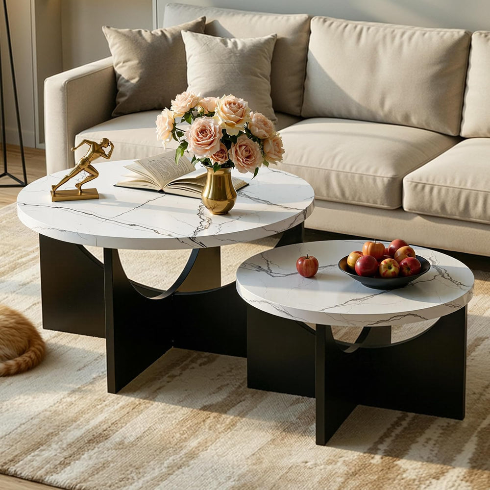 LIKIMIO Nesting Coffee Tables Set of 2, 31.5" Round Tables, Marble White