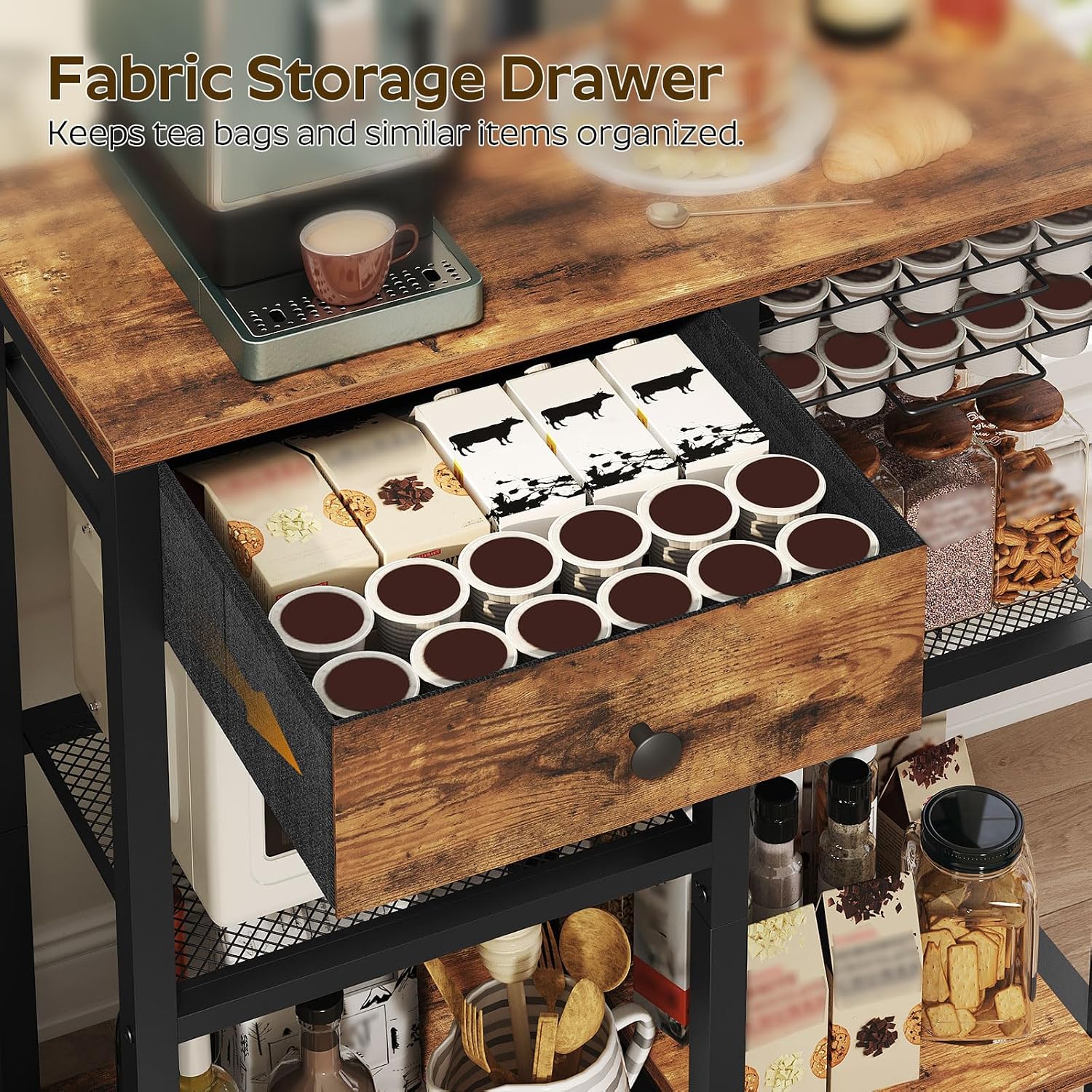 YATINEY Bakers Rack with Storage, 5-Tier Coffee Bar Station with Drawer, Kitchen Coffee Stand with Pod Drawer Holder, for Living Room, Home Cafe, Kitchen, Rustic Brown KF60BRY1