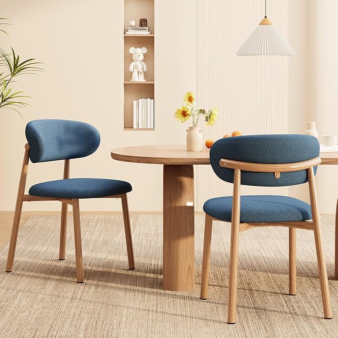 Kitchen Dining Chairs Set of 2 Modern Soft Linen Farmhouse Dining Room Chair with Metal Legs, Blue/Original