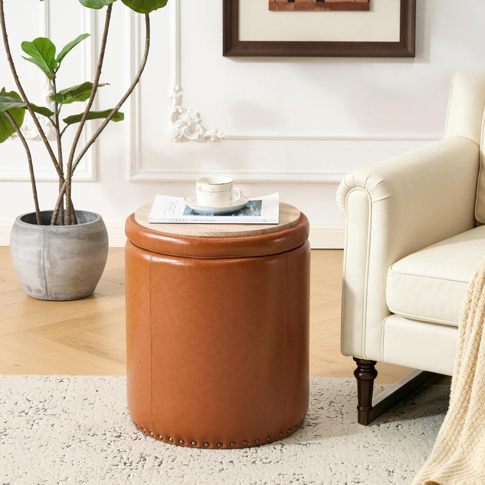 Royal Windsor Round Ottoman with Storage Set of 2, Faux Leather Button Tufted...