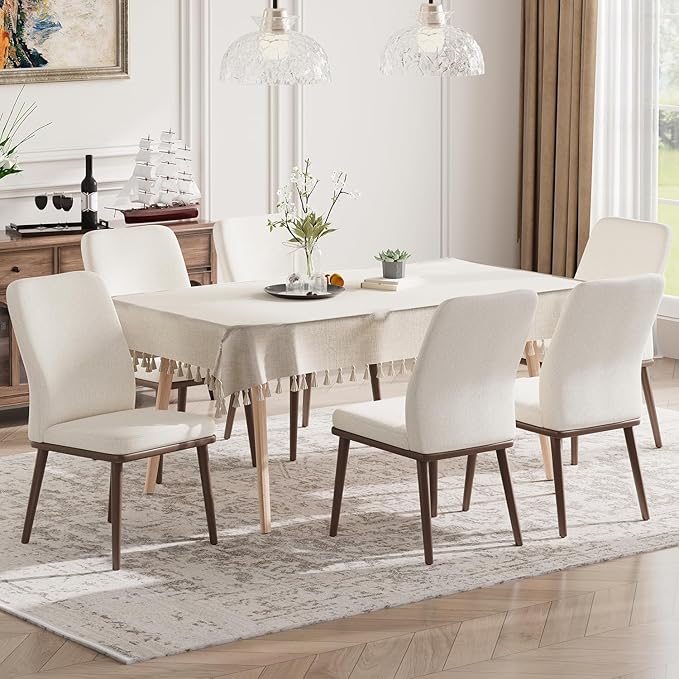 Stylish Dining Chairs Set of 6, Upholstered Parsons Dining Room Chair with Nailhead Trim, Kitchen Room Chair with Thick Cushions and Wood Legs, Modern Contemporary, Beige