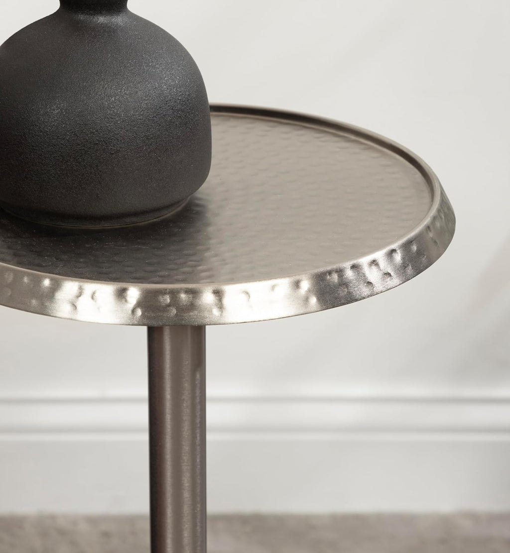 Kate and Laurel Sanzo Modern Pedestal Drink Table; 9 x 9 x 23; Antique Nickel; Decorative End Table with Hammered Tabletop for Use as Small Plant Stand or Living Room Martini Table