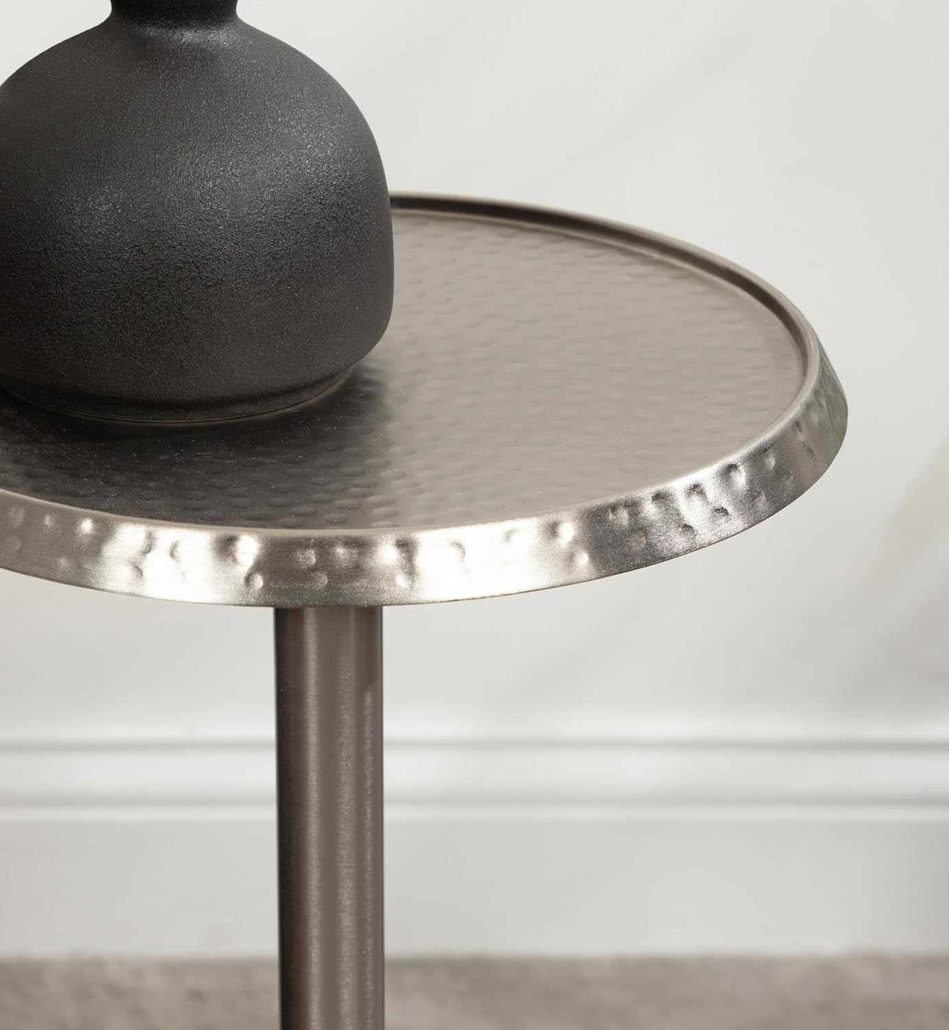 Kate and Laurel Sanzo Modern Pedestal Drink Table; 9 x 9 x 23; Antique Nickel; Decorative End Table with Hammered Tabletop for Use as Small Plant Stand or Living Room Martini Table
