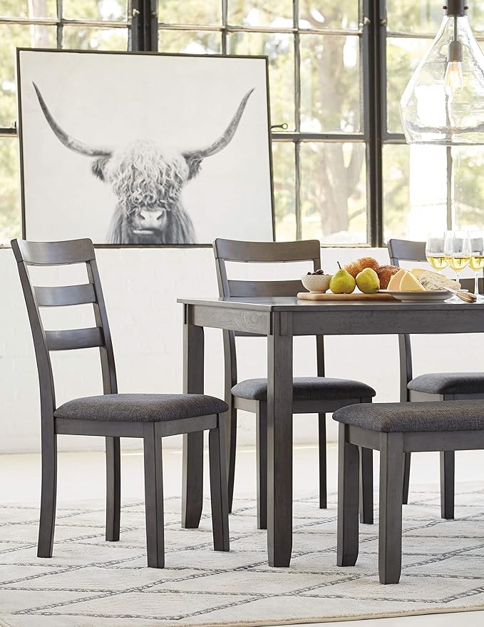 Signature Design by Ashley Bridson Dining Table Set For 6 With Bench, Wood 6‑Piece Kitchen Table And Chairs Set With Upholstered Seats, Transitional Charcoal Gray Dining Room Set For Family Meals