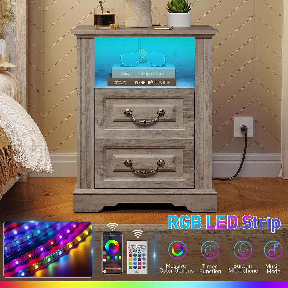 RALGEND Farmhouse Nightstand with Charging Station, Night Stand with 2 Drawer...