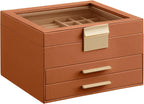 SONGMICS Jewelry Box Organizer with Glass Lid, 3-Layer Jewelry Storage, with 2 Drawers, Modern Style, Christmas Gift, 8 x 9.1 x 5.3 Inches, Caramel Brown and Gold Color UJBC239K01