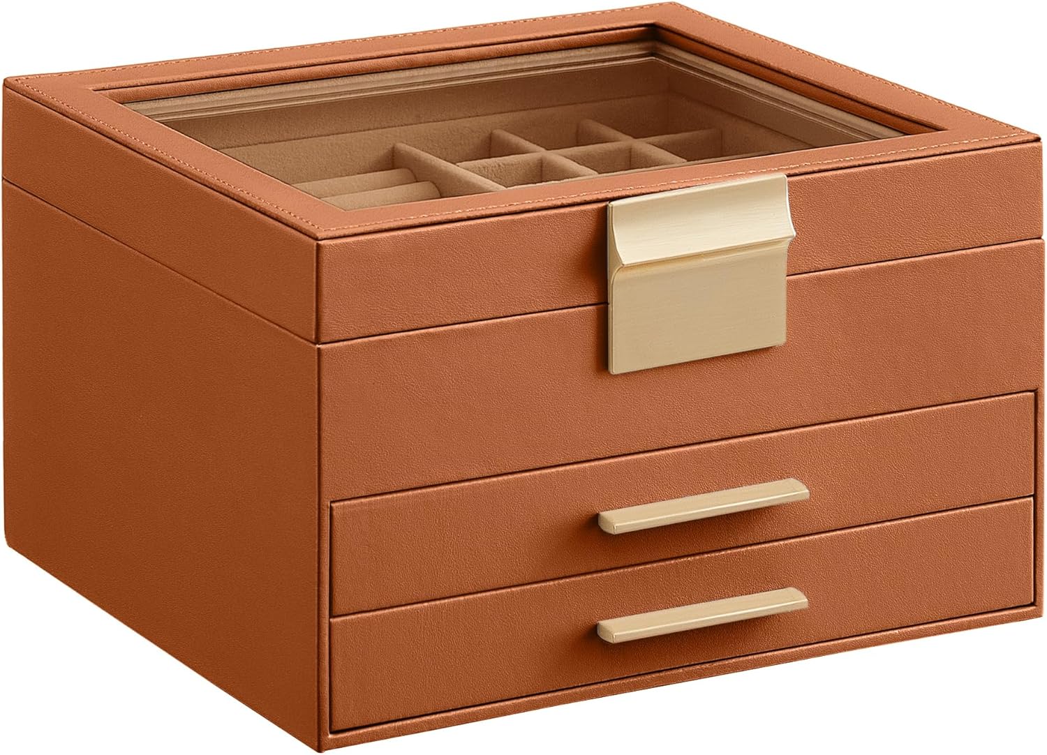 SONGMICS Jewelry Box Organizer with Glass Lid, 3-Layer Jewelry Storage, with 2 Drawers, Modern Style, Christmas Gift, 8 x 9.1 x 5.3 Inches, Caramel Brown and Gold Color UJBC239K01