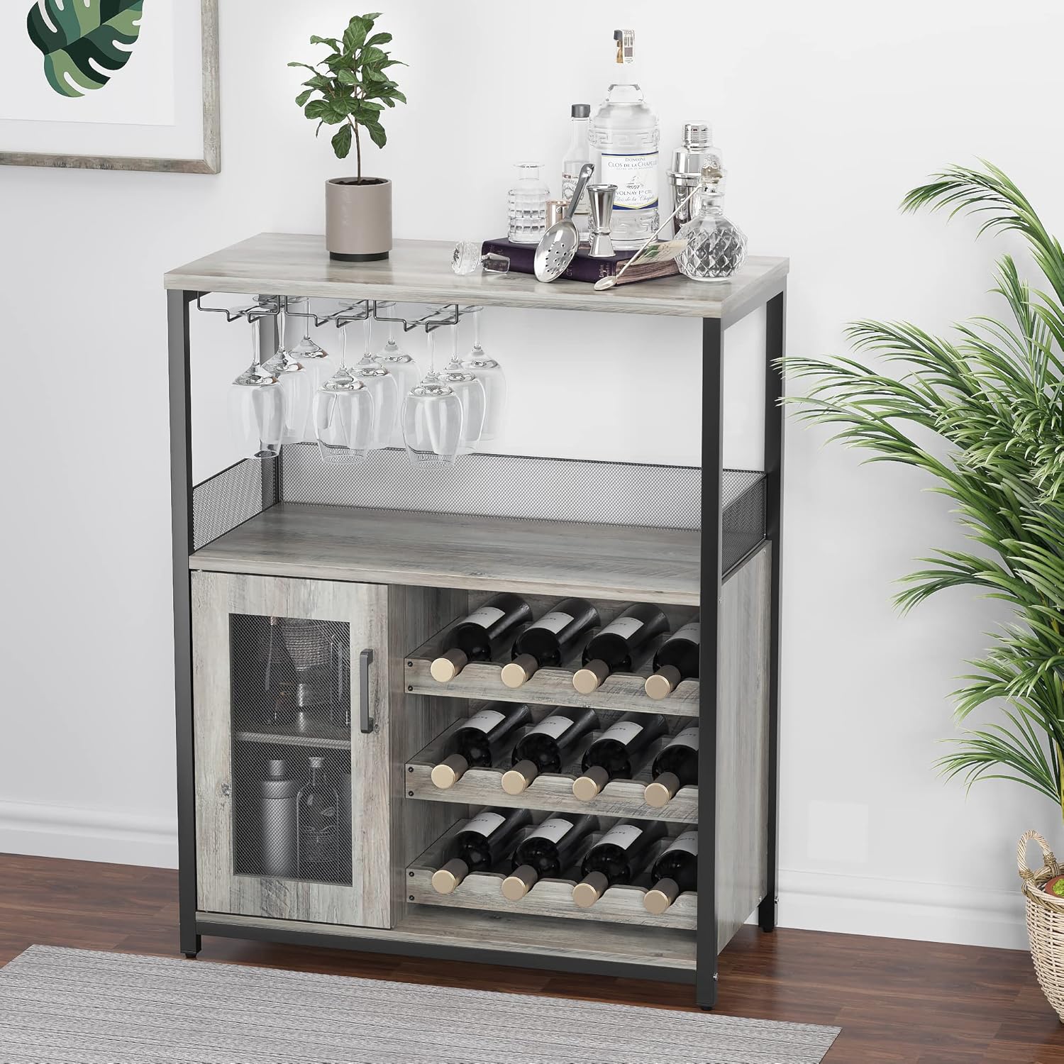 Bar Cabinet, Industrial Wine Cabinet with Removabl Glass Rack, Liquor Storage Cabinet with Adjustable Wine Rack, Home Bar with Mesh Doors and Baffle, Grey Without Light