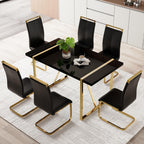 Modern Dining Table Set for 6, 55" Black Dining Table Set with 6 Faux Leather Chairs, Black Glossy Tabletop with Golden Stainless Steel Legs, 7 Piece Dinning Set Ideal for Small Space