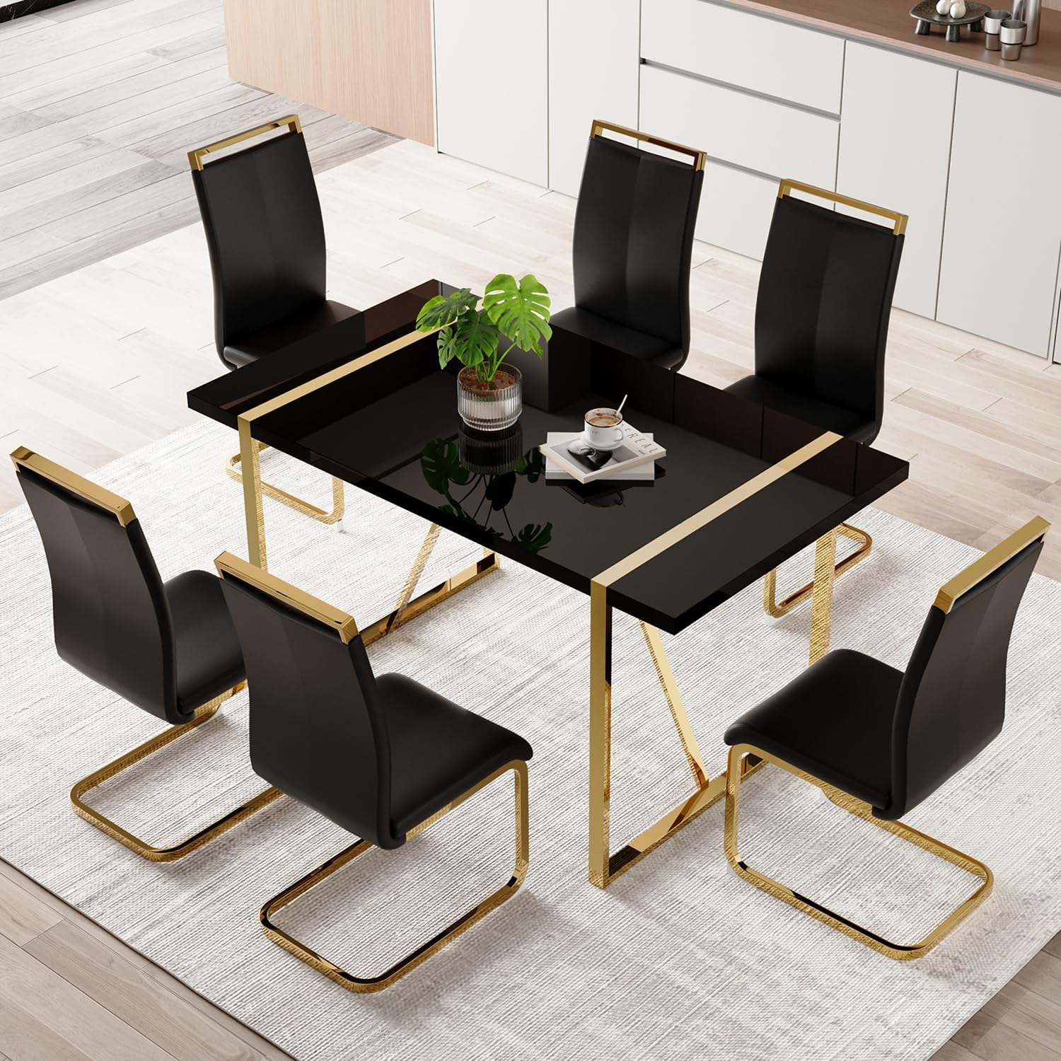 Modern Dining Table Set for 6, 55" Black Dining Table Set with 6 Faux Leather Chairs, Black Glossy Tabletop with Golden Stainless Steel Legs, 7 Piece Dinning Set Ideal for Small Space