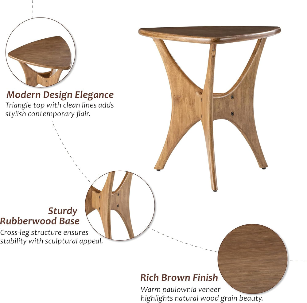 COZAYH Modern Triangle Wood End Table with Cross-Leg Rubberwood Base, Mid-Cen...