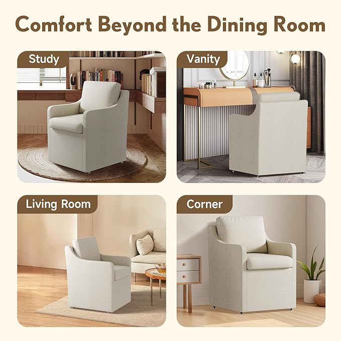 Upholstered Dining Chairs,Modern Rolling Linen Dining Chairs with Casters,Swivel Armchair with Storage for Reading Room,Kitchen,Dining Room(Cream)