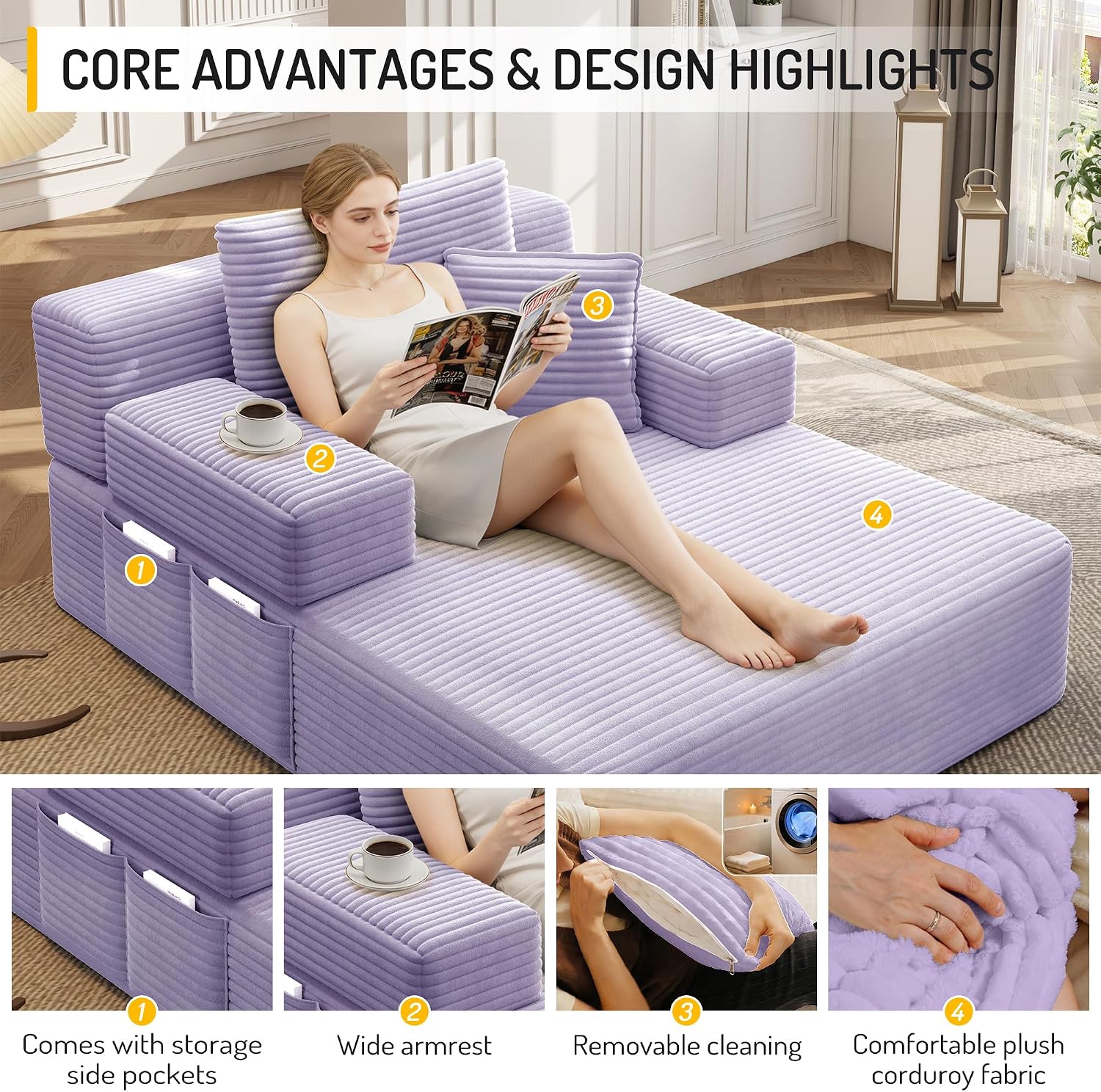 Avenix 70" Boneless Oversized Chaise Lounge Chair Indoor, Corduroy Comfy Oversized Reading Sleeper Chair Boneless Sofa Couch Bed with 3 Pillows, No Assembly Required, Purple