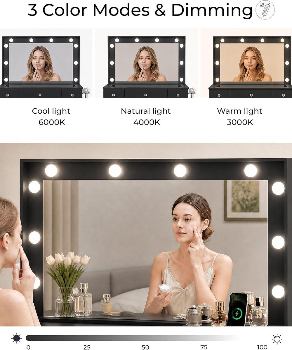 Otterease Black Makeup Vanity with Mirror and Lights,11 Drawers & Glass T...