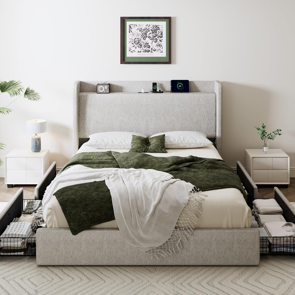 SHA CERLIN Queen Size Storage Bed Frame with 4 Oversized Drawers, Modern Wing...