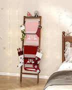Blanket Ladder Shelf for Living Room, Decorative Quilt Rack with Storage Shelf, 6-Tier Farmhouse Ladder Holder Organizer with 4 Removable Hooks for Bedroom, Rustic Brown and Black BR35801B
