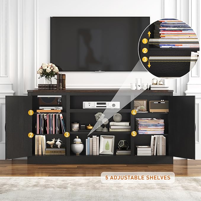 66" Farmhouse TV Stand with Power Outlets for 75 Inch TVs, 33" Tall Entertainment Center with Storage Cabinets w/Adjustable Shelves, Rustic Large TV Media Console for Living Room, Black