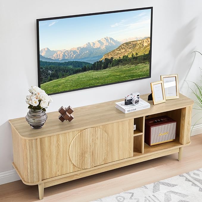 Turtle&Myrtle Mid Century Modern TV Stand 60”, Wood TV Console with Storage for TVs Up to 70 inches, Fluted Sliding Doors, Entertainment Center Media Cabinet for Living Room & Bedroom (Natural Oak)