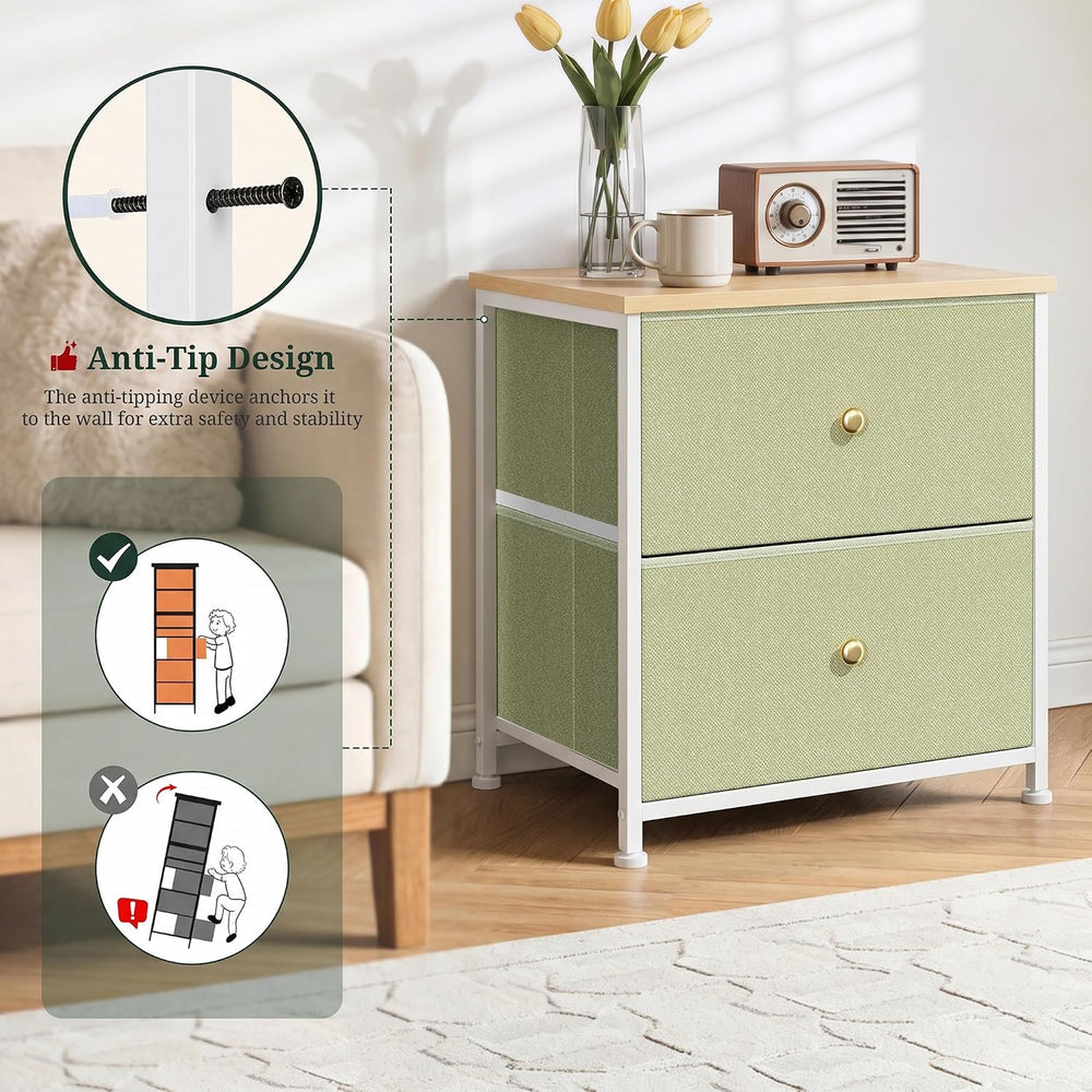 2 Drawer Fabric Nightstand, Bedside Table with Wooden Top, Light Green | Smal...