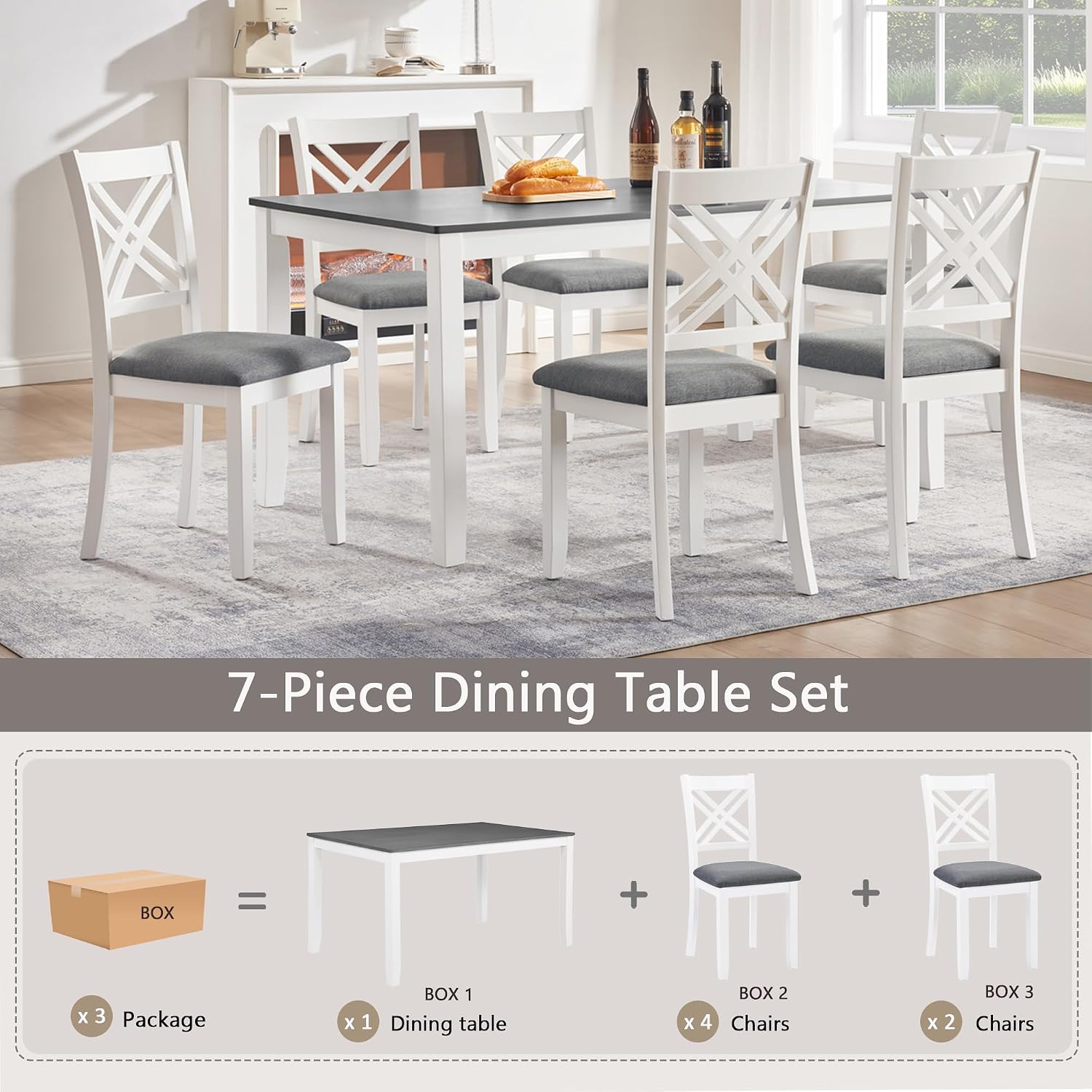 Harper & Bright Designs 58.5" Lx34.5 W Solid Wood 7-Piece Dining Table Set for 6, Grey White Two-Tone Kitchen Dining Room Set with 6 Upholstered Chairs, Rubber Wood Frame, 330LBS Capacity
