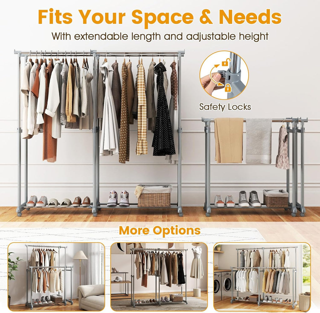 COSTWAY Double Rod Clothing Rack, Heavy-Duty Metal Garment Rack with Extendable Height & Width, Adjustable Rolling Closet Rack for Hanging Clothes with Wheels for Dressing Room, Laundry, Living Room
