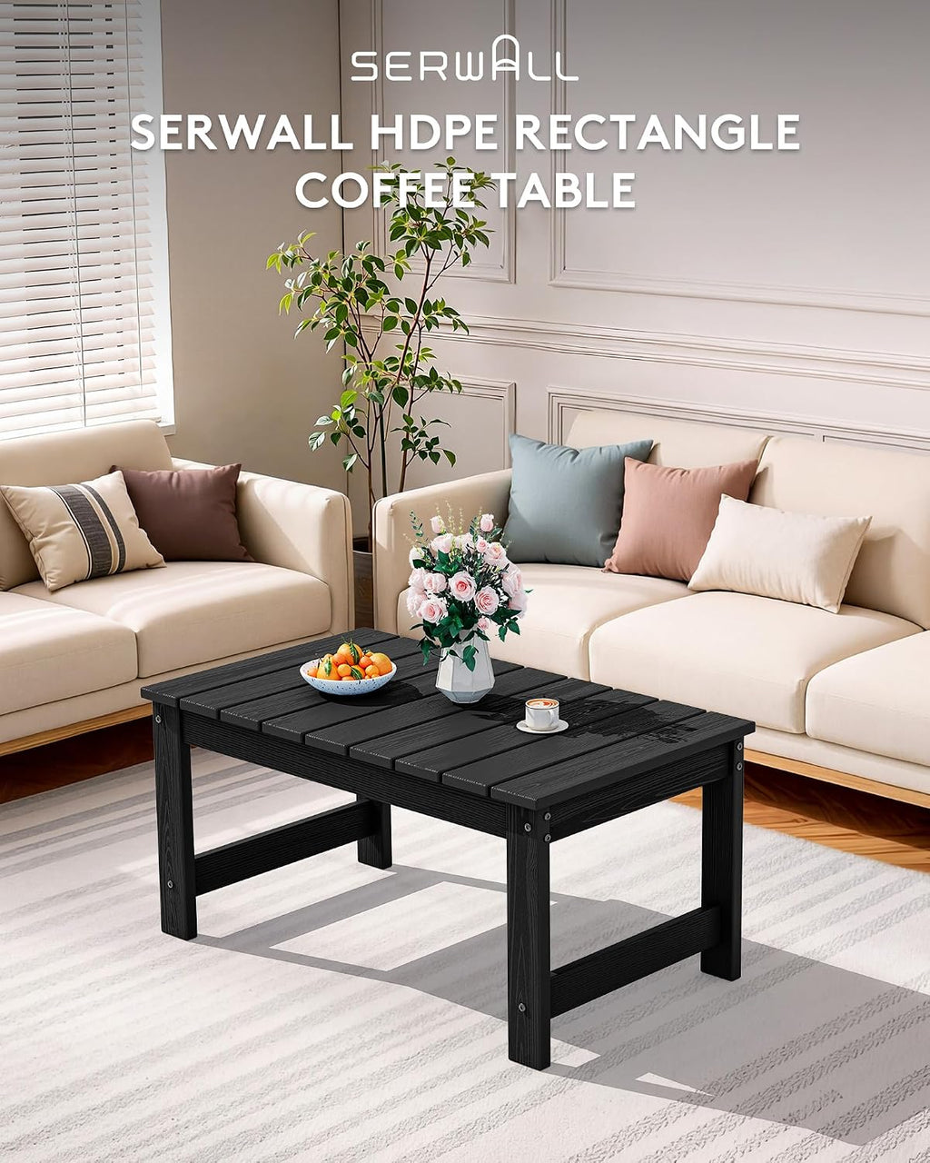 SERWALL HDPE Outdoor Coffee Table with Umbrella Hole, Black