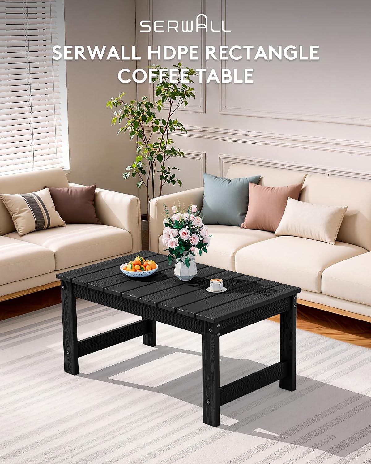 SERWALL HDPE Outdoor Coffee Table with Umbrella Hole, Black