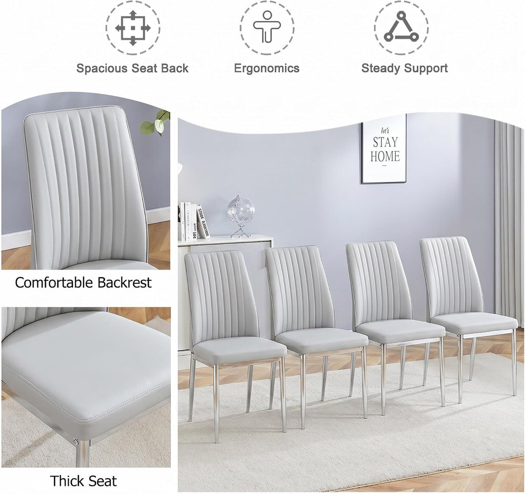 Gray Dining Chairs Set of 6, Modern PU Leather Dining Room Chair with Chrome Metal Legs, Upholstered Kitchen Chair with High Back Sillas para Comedor for Kitchen, Living Room, Apartment (Light Gray,6)