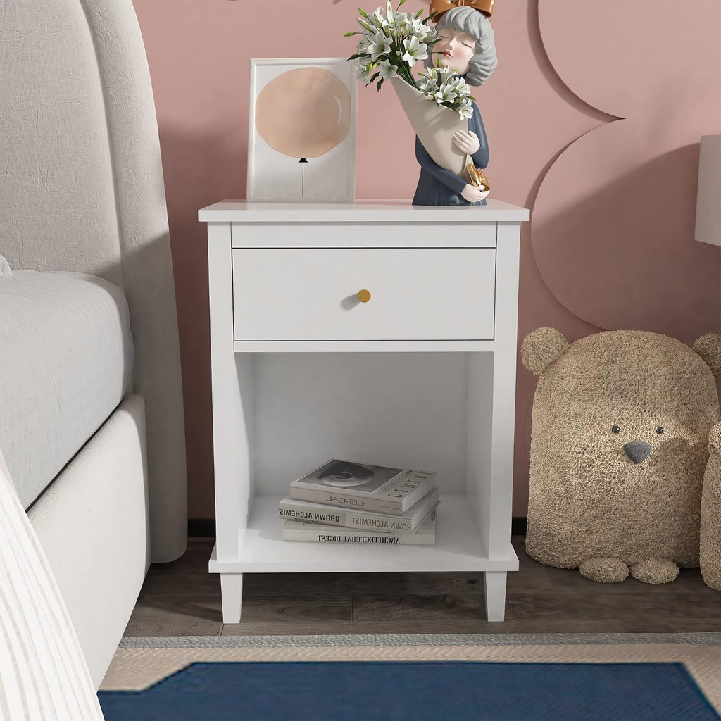 extrasleep Kids Nightstand with Storage Drawer, 27''H Wooden Toddler Night Stand for Boys Girls Toddler, Modern End Table with Shelf for Bedroom Living Room, Kids Small Bedside Table (White)