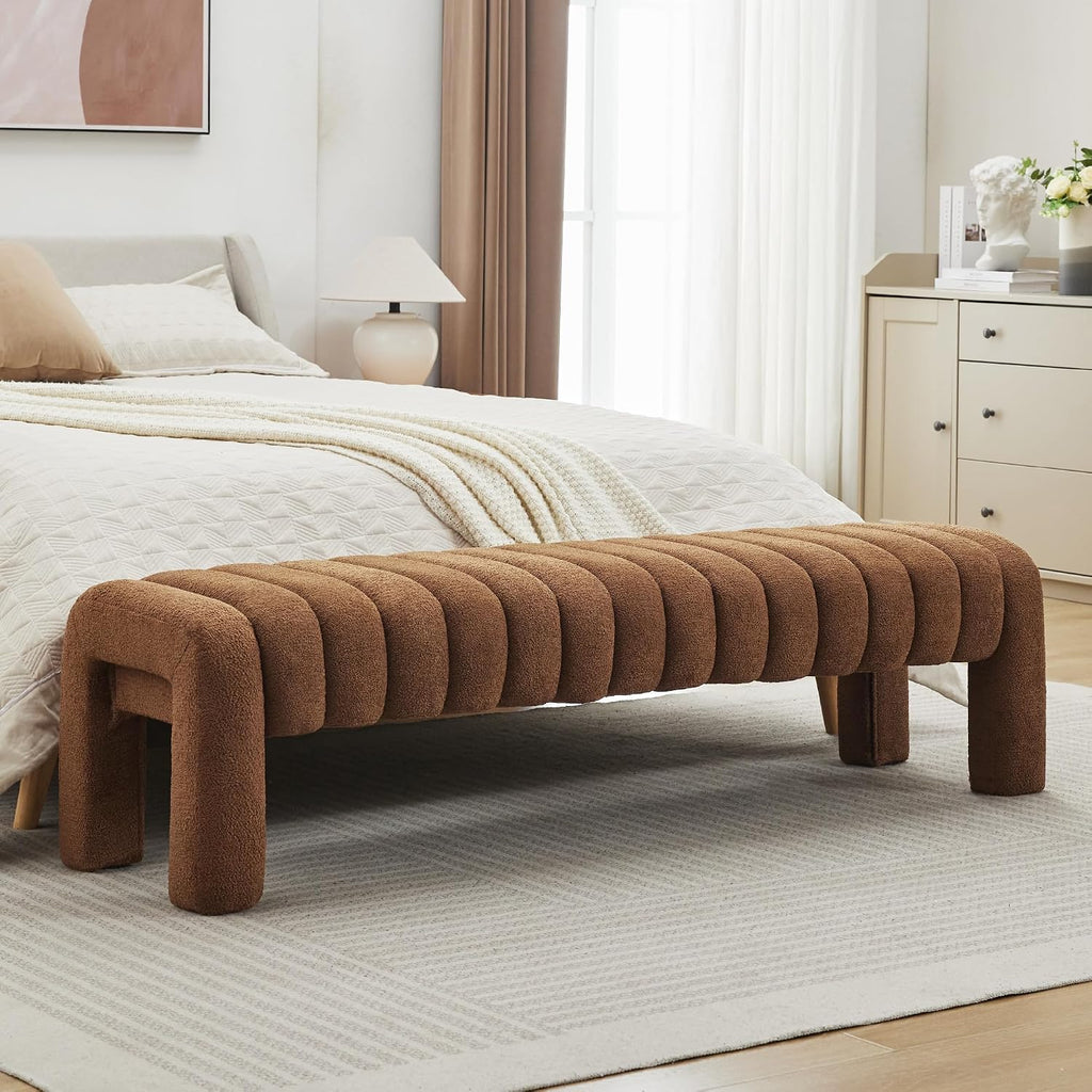 63" Bedroom Bench, Upholstered Entryway Bench, Modern End of Bed Ottoman with Solid Wood Legs and Adjustable Foot Pegs for Entryway, Dining Room and Living Room (Rust Brown Boucle)
