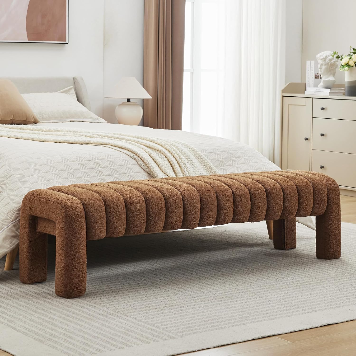 63" Bedroom Bench, Upholstered Entryway Bench, Modern End of Bed Ottoman with Solid Wood Legs and Adjustable Foot Pegs for Entryway, Dining Room and Living Room (Rust Brown Boucle)