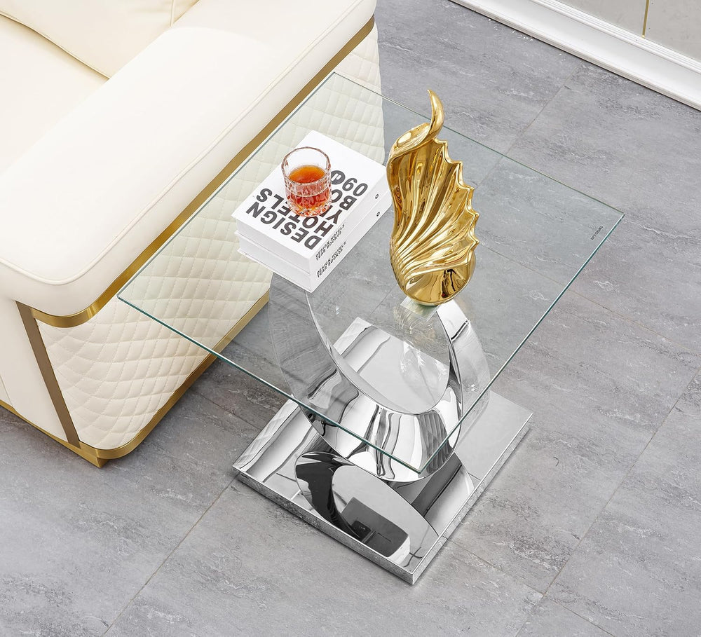Modern Square End Table for Living Room, Tempered Glass Top & Moon Shape ...